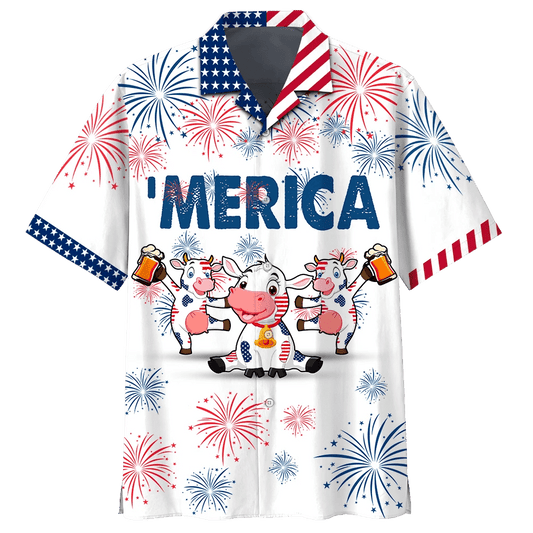 Cow Beer Dancing Blue And Red Firework Hawaiian Shirt, Hawaiian Shirt Gift, Christmas Gift