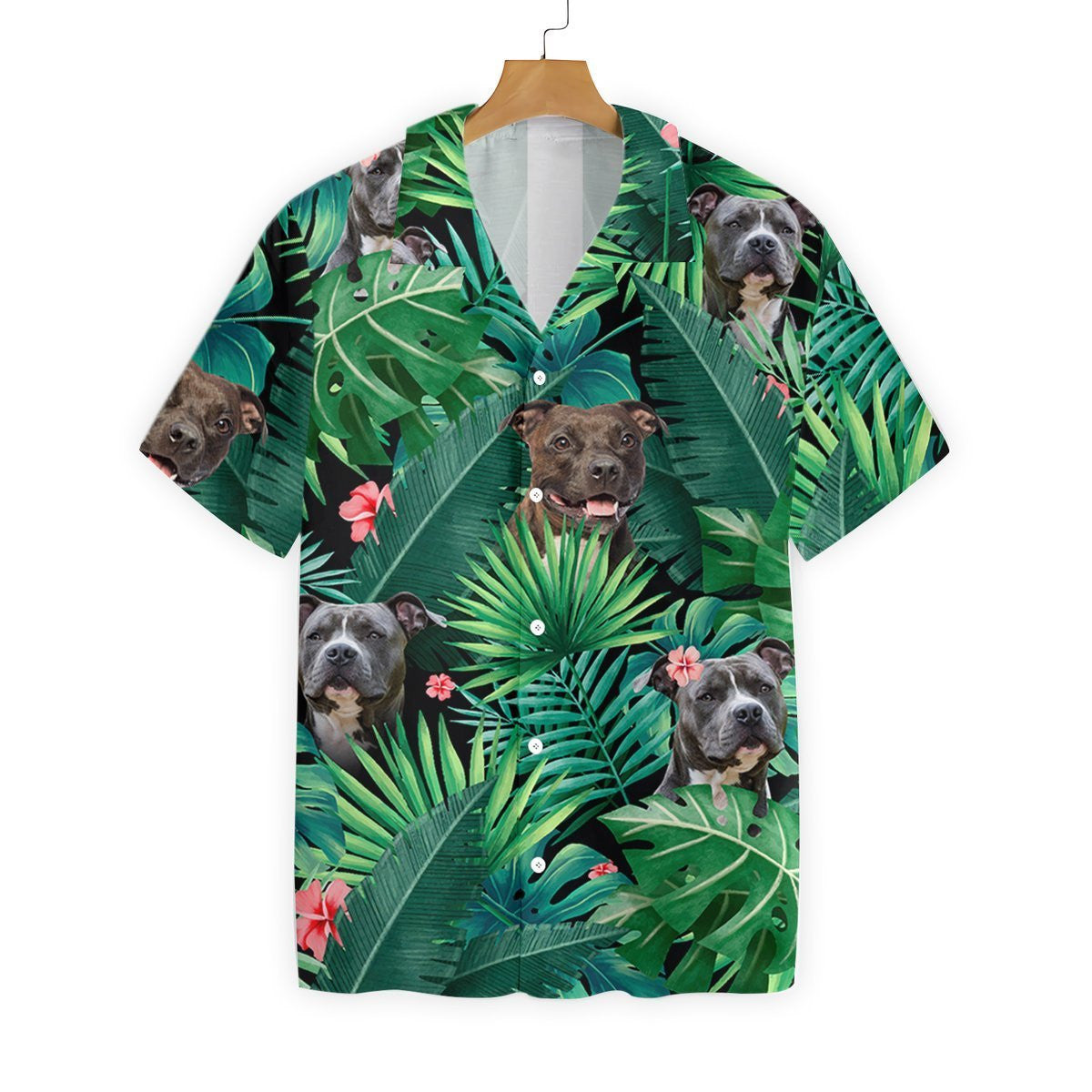 Leaf And Pitbull Tropical Background Design Hawaiian Shirt, Hawaiian For Gift