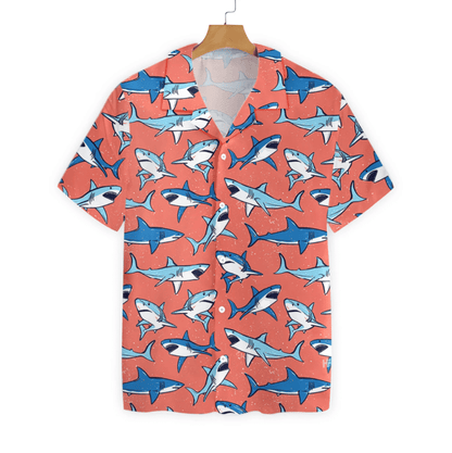 Shark On Orange Background Pattern Hawaiian Shirt,Hawaiian Shirt Gift, Christmas Gift