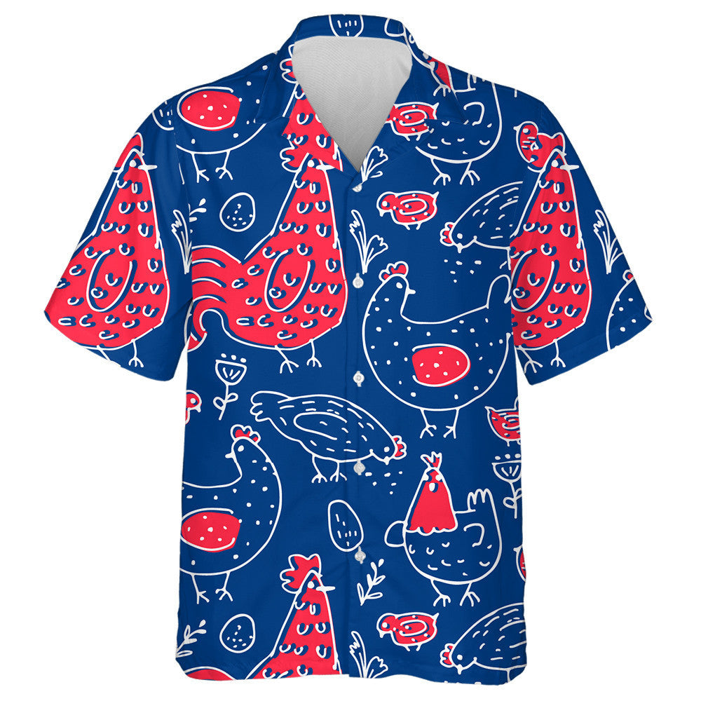 Chicken And Rooster With Egg On Blue Background Hawaiian Shirt, Hawaiian Shirt Gift, Christmas Gift