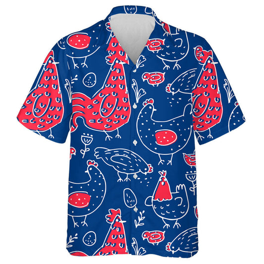 Chicken And Rooster With Egg On Blue Background Hawaiian Shirt, Hawaiian Shirt Gift, Christmas Gift