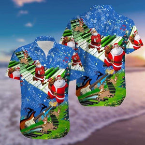 Santa Claus Jumping On Piano Keyboard Christmas Vintage Style Design Hawaiian Shirt, Hawaiian Shirt Gift, Christmas Gift