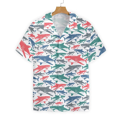 Multicolor Shark Pattern On White Background Hawaiian Shirt,Hawaiian Shirt Gift, Christmas Gift