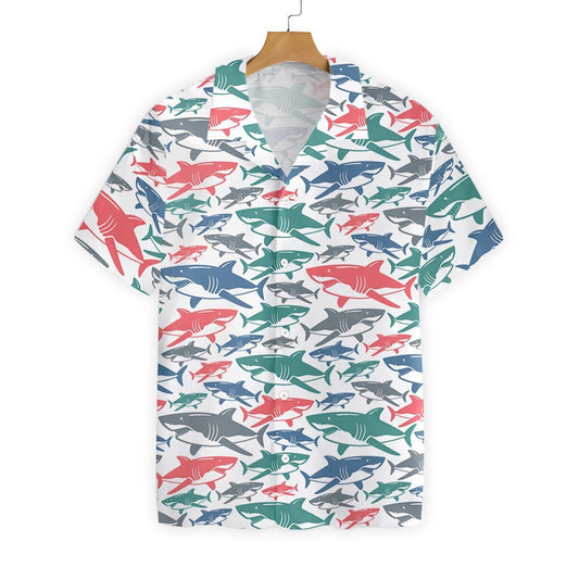 Multicolor Shark Pattern On White Background Hawaiian Shirt,Hawaiian Shirt Gift, Christmas Gift