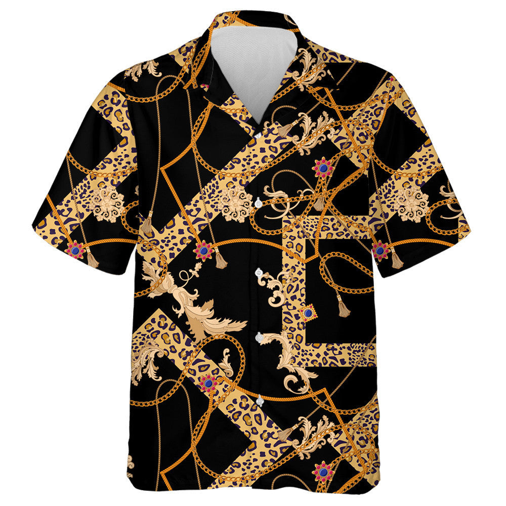Golden Chains And Leopard Spotted Square Hawaiian Shirt,Hawaiian Shirt Gift, Christmas Gift