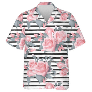 Bouquet Pale Pink Roses Flowers Black Striped Design Hawaiian Shirt, Hawaiian Shirt Gift, Christmas Gift