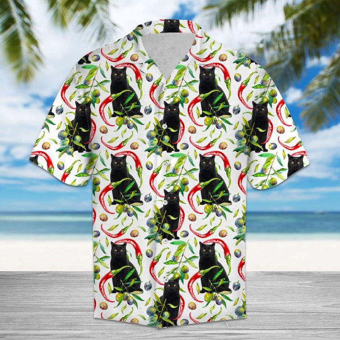 Awesome Chili Peppers And Black Cat Pattern Hawaiian Shirt, Hawaiian Shirt Gift, Christmas Gift