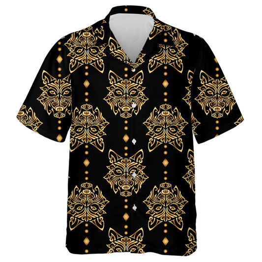 Golden Wolf Head Stylized Maori Face Tattoo Léine Haváí, Bronntanas Léine Haváís, Bronntanas Nollag