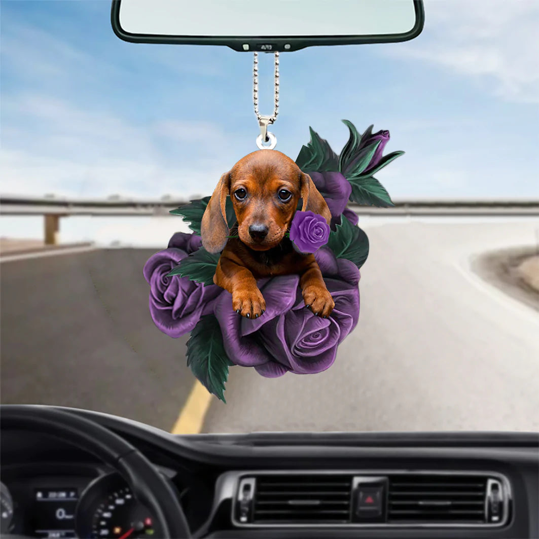 Dachshund In Purple Rose Car Hanging Ornament, Christmas Decoration