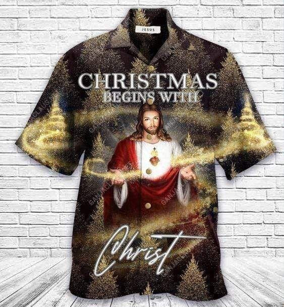 Christmas Begins With Christ Pine Tree Background Hawaiian Shirt, Hawaiian Shirt Gift, Christmas Gift.