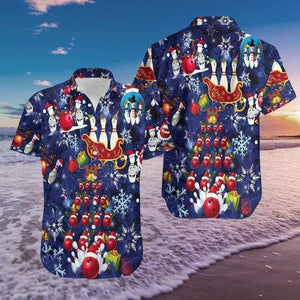 Bowling Balls And Pins Merry Christmas Blue Hawaiian Shirt, Hawaiian Shirt Gift, Christmas Gift.