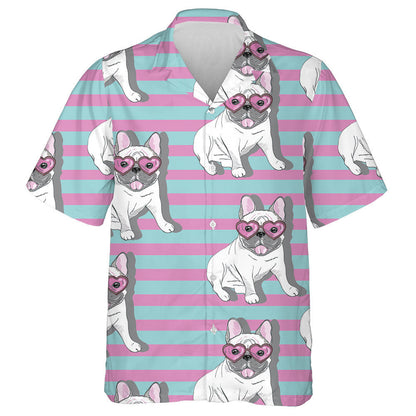 Bulldog And Sunglasses Heart On Striped Background Hawaiian Shirt, Hawaiian Shirt Gift, Christmas Gift