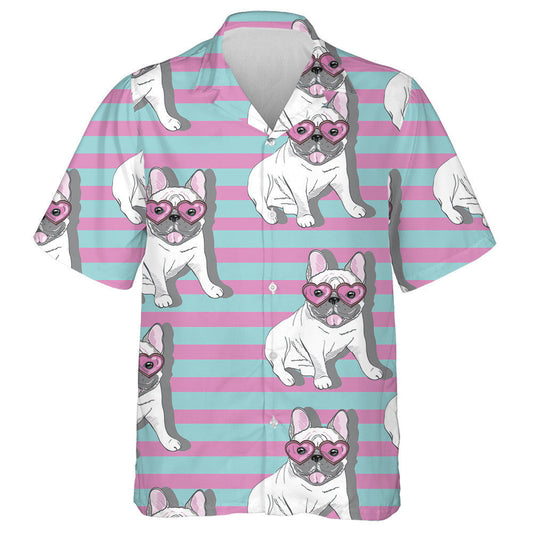 Bulldog And Sunglasses Heart On Striped Background Hawaiian Shirt, Hawaiian Shirt Gift, Christmas Gift