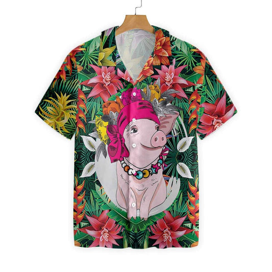 Flower And Pig Watercolor Design Hawaiian Shirt,Hawaiian Shirt Gift, Christmas Gift