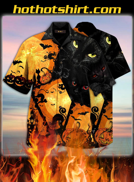 Black Cat Halloween Unisex Hawaiian Shirt,Hawaiian Shirt Gift, Christmas Gift