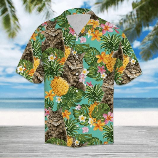 Pineapple Maine Coon Cute Cat Pattern Hawaiian Shirt,Hawaiian Shirt Gift, Christmas Gift