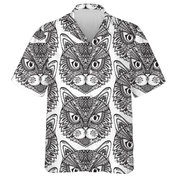 Hand Drawn Ornate Doodle Graphic Monochrome Cat Faces Hawaiian Shirt, Hawaiian Shirt Gift, Christmas Gift