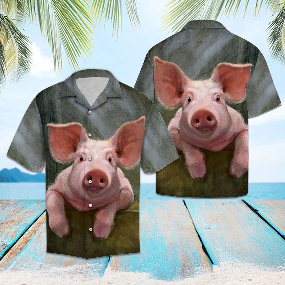 Happy Pig Peeking Portrait Themed Hawaiian Shirt, Hawaiian For Gift