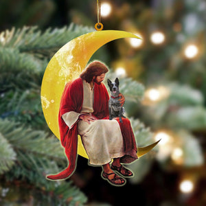 Blue Heeler And Jesus Sitting On The Moon Hanging Acrylic Ornament For Dog Lovers,Christmas Decoration