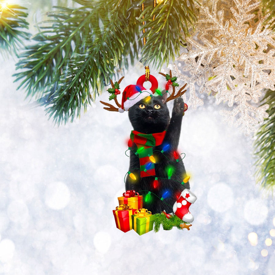 Black Cat Christmas Reindeer Ornament Flat 2D, Pet Cat Lover Gifts, Christmas Tree Ornament, Home Decor Plastic Ornament, Christmas Ornament Gift, Christmas Gift, Christmas Decoration