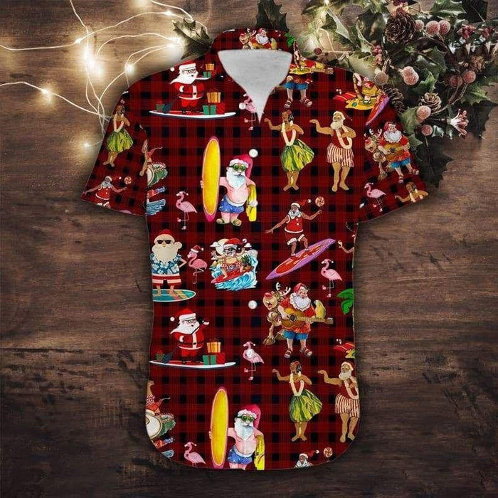 Cute Santa Claus Surfing Merry Christmas Plaid Design Hawaiian Shirt, Hawaiian Shirt Gift, Christmas Gift