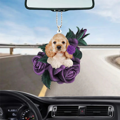 Cocker Spaniel In Purple Rose Car Hanging Ornament, Christmas Decoration