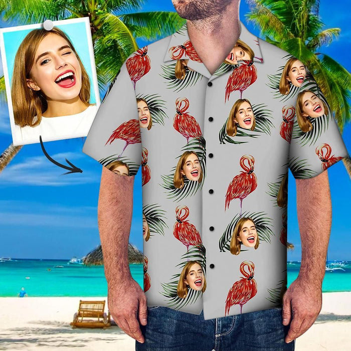 Red Flamingo With Girl Face Custom Photo Hawaiian Shirt, Hawaiian Shirt Gift, Christmas Gift