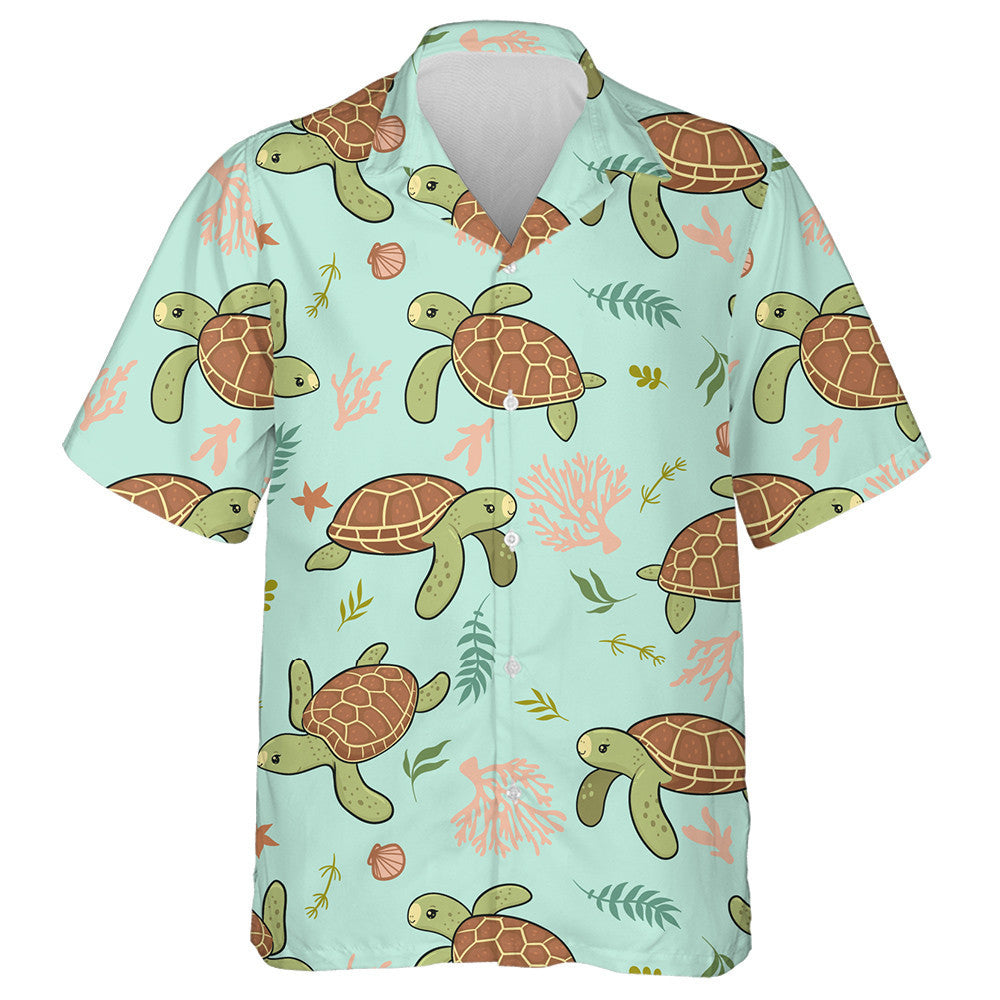 Hand Drawn Cute Sea Turtles And Shells Hawaiian Shirt, Hawaiian Shirt Gift, Christmas Gift