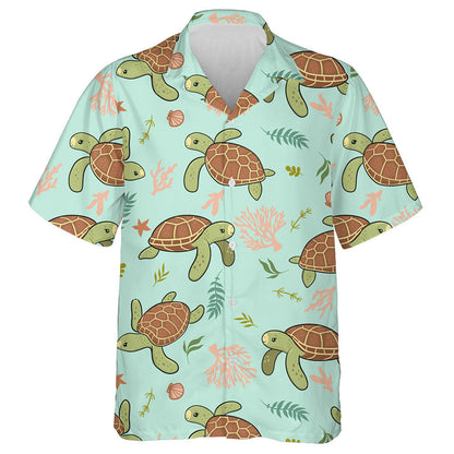 Hand Drawn Cute Sea Turtles And Shells Hawaiian Shirt, Hawaiian Shirt Gift, Christmas Gift