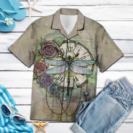 Vintage Colorful Time Flies Dragonfly Clock Pattern Hawaiian Shirt, Hawaiian Shirt Gift, Christmas Gift