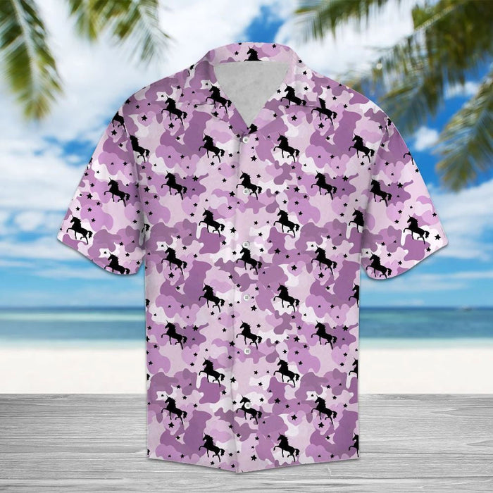 Amazing Unicorn On Violet Camouflage Military Pattern Hawaiian Shirt, Hawaiian Shirt Gift, Christmas Gift