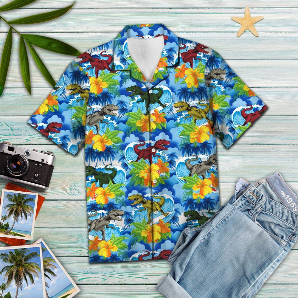 Dinosaur Blue Tropical Leaves And Flowers Hawaiian Shirt,Hawaiian Shirt Gift, Christmas Gift