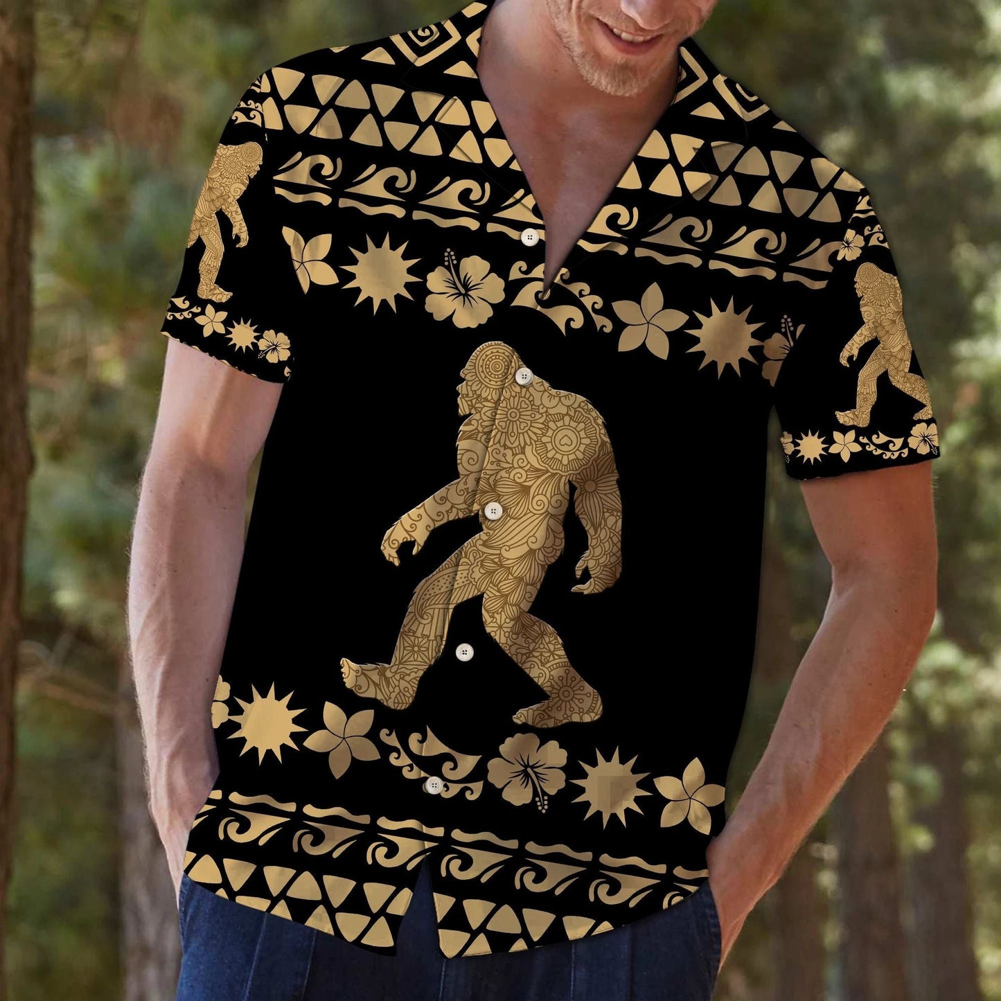 Tribal Golden Bigfoot Walking Into Forest Design Hawaiian Shirt, Hawaiian Shirt Gift, Christmas Gift