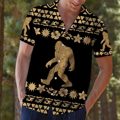 Tribal Golden Bigfoot Walking Into Forest Design Hawaiian Shirt, Hawaiian Shirt Gift, Christmas Gift