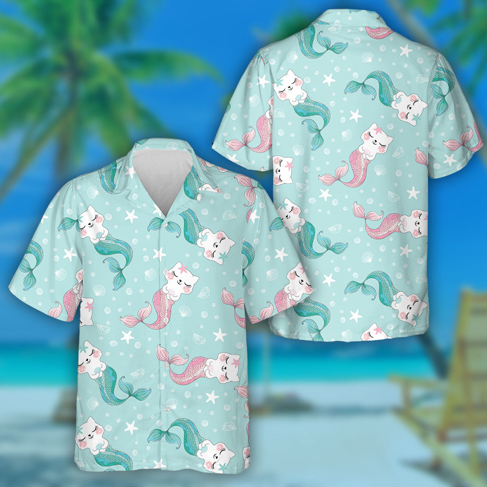 Funny Cartoon Cute Cat Mermaid On Green Hawaiian Shirt, Hawaiian Shirt Gift, Christmas Gift