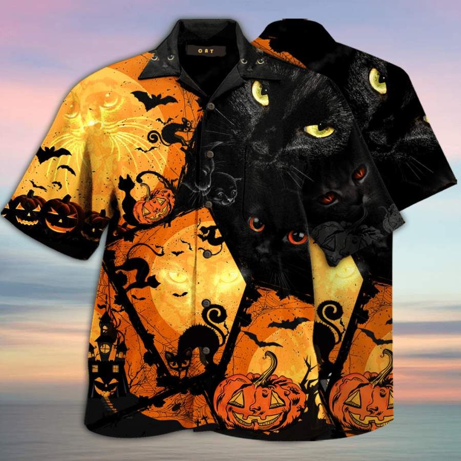 Black Cat Halloween Hawaiian Aloha Aloha Shirts Hawaiian Shorts Beach Short Sleeve,Hawaiian Shirt Gift, Christmas Gift
