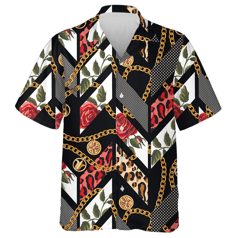 Roses Leopard Skin Dots And Chains Hawaiian Shirt,Hawaiian Shirt Gift, Christmas Gift