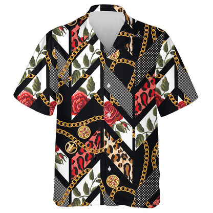 Roses Leopard Skin Dots And Chains Hawaiian Shirt,Hawaiian Shirt Gift, Christmas Gift