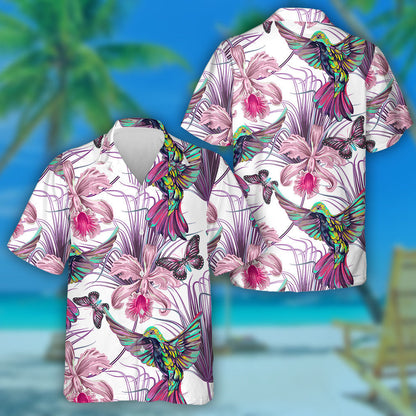 Theme Flying Hummingbirds Palm Leaves Orchids And Butterflies Hawaiian Shirt, Hawaiian Shirt Gift, Christmas Gift