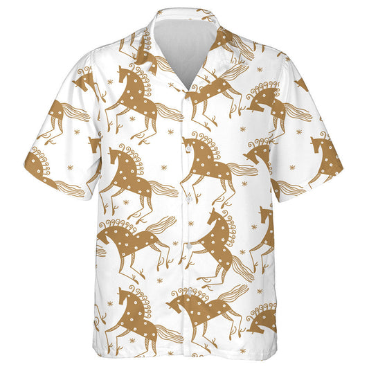 Gold Horses And White Flower On White Hawaiian Shirt, Hawaiian Shirt Gift, Christmas Gift