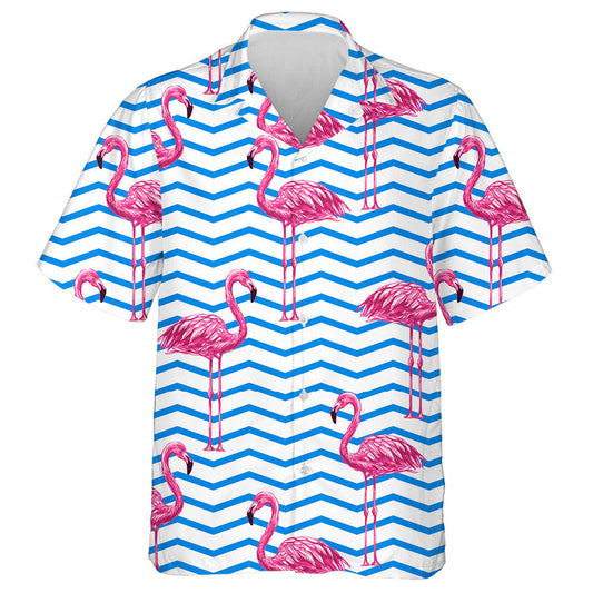 Beautifiul Flamingo Tropical On Blue Zigzag Background Hawaiian Shirt, Hawaiian Shirt Gift, Christmas Gift