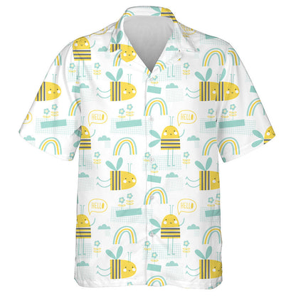 Striped Little Bees Yellow And Turquoise Colors Hawaiian Shirt, Hawaiian Shirt Gift, Christmas Gift