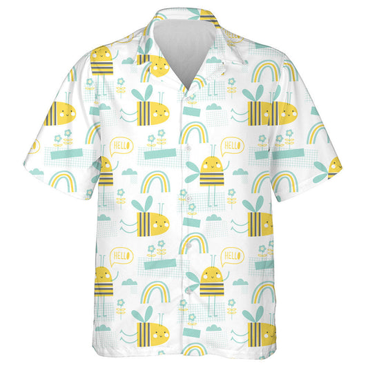 Striped Little Bees Yellow And Turquoise Colors Hawaiian Shirt, Hawaiian Shirt Gift, Christmas Gift