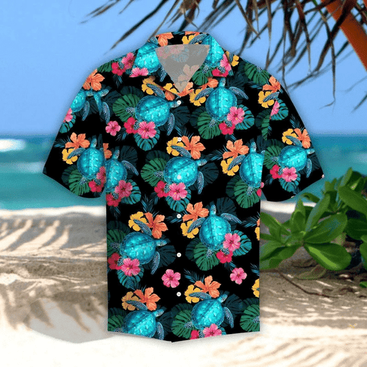 Turtles Glow Hibiscus Tropical Leave Black Theme Hawaiian Shirt, Hawaiian Shirt Gift, Christmas Gift