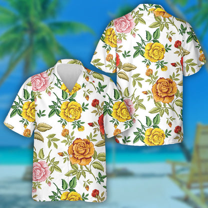 Patrún Ealaíne Brainse Roses Colorful Ar Chúlra Bán Léine Haváís, Bronntanas Léine Haváís, Bronntanas Nollag