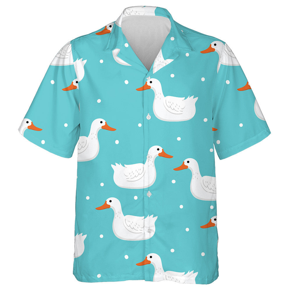 Hand Drawn White Duck And Snow Dot Hawaiian Shirt, Hawaiian Shirt Gift, Christmas Gift