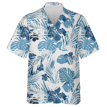Hawaiian Tropical Palm Leaves Hibicus Camo In Blue Pattern Hawaiian Shirt, Hawaiian For Gift
