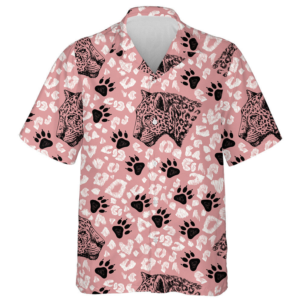 The Head Of Leopard And Paw On Pink Background Hawaiian Shirt, Hawaiian Shirt Gift, Christmas Gift