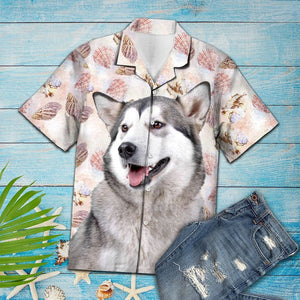 Summer Beach Seashells And Cute Alaskan Malamute Portrait Hawaiian Shirt, Hawaiian Shirt Gift, Christmas Gift