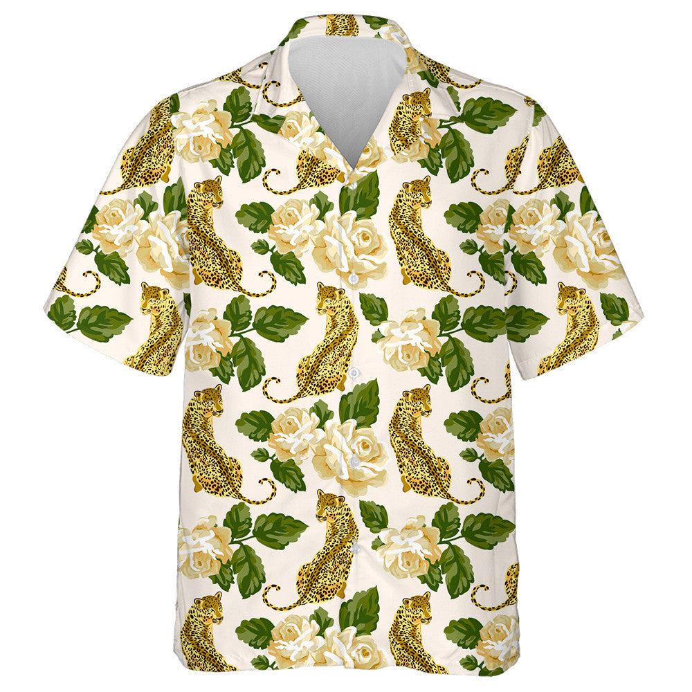 Rósanna Pastel Agus Liopards Fiáine ar Chúlra Bán Léine Haváís, Bronntanas Léine Haváís, Bronntanas Nollag